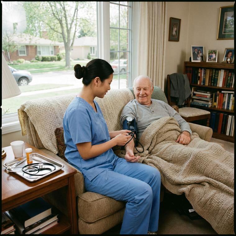 Caregiver checking an elderly man's blood pressure in his living room